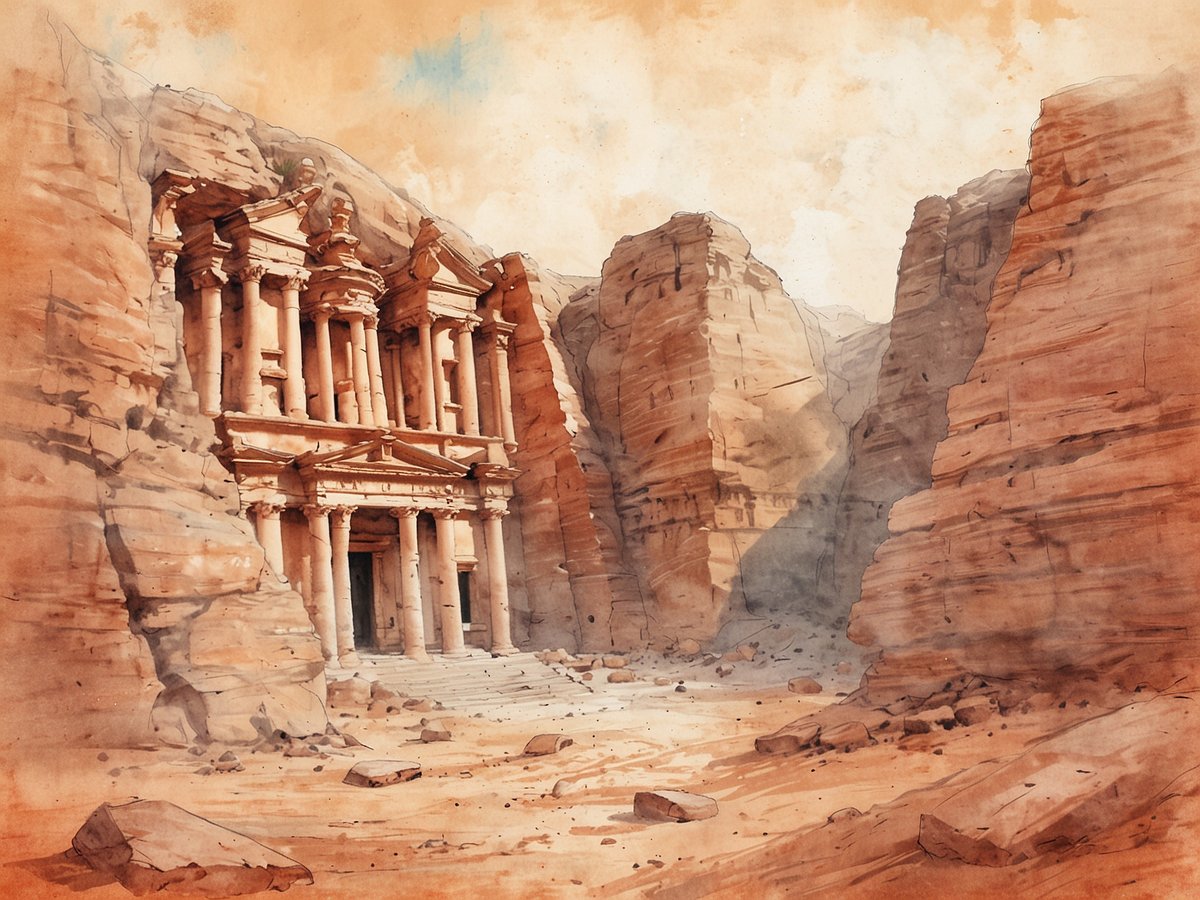 Die beeindruckenden Felsen von Petra in Jordanien sind von warmen, erdigen Farben geprägt. Im Vordergrund ist der Eingang zu einem Grabmal mit majestätischen Säulen zu sehen, das in den Felsen hineingehauen ist. Umgeben von steilen, roten und orangefarbenen Klippen vermittelt die Ruine ein Gefühl von Antike und Mysterium. Der Himmel ist in sanften Blau- und Beigetönen gehalten, während der Boden mit losen Steinen und Sand bedeckt ist, was die faszinierende Landschaft unterstreicht.