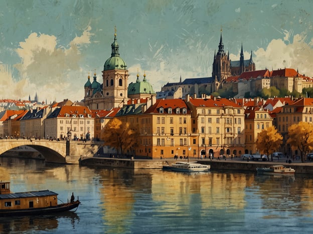 Auf dem Bild ist eine malerische Ansicht von Prag, der goldenen Stadt an der Moldau, zu sehen. Die Szene zeigt prächtige barocke Gebäude mit charakteristischen grünen Kuppeln und roten Dächern, die entlang der Moldau stehen. Im Hintergrund ragt die beeindruckende Silhouette des Prager Schlosses empor, während die Brücke über den Fluss spannungsreich in die Komposition integriert ist. Das ruhige Wasser spiegelt die charmante Architektur wider und verstärkt die märchenhafte Atmosphäre dieser historischen Stadt.