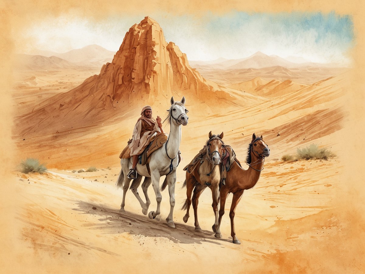 Eine Wüstenlandschaft in Saudi-Arabien mit sanften Sanddünen und einem eindrucksvollen Felsen im Hintergrund. Ein Reiter auf einem weißen Pferd reitet auf einem sandigen Weg, während zwei weitere Pferde hinter ihm herlaufen. Der Reiter trägt traditionelle arabische Kleidung und eine Kappe. Die Atmosphäre ist warm und sonnig, mit einem klaren Himmel und sanften Hügeln in der Ferne.