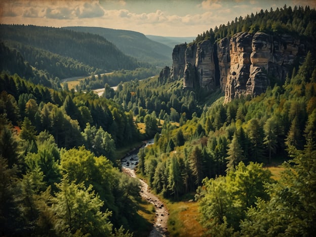 Auf dem Bild ist eine wunderschöne Landschaft der Böhmischen Schweiz zu sehen. Die Region ist ein wahres Paradies für Naturfreunde, mit majestätischen Felsen, tiefen Wäldern und einem sanft fließenden Fluss. Die Auen, umgeben von dichten, grünen Bäumen, schaffen eine malerische Kulisse, die zum Wandern und Entdecken einlädt. Der Himmel ist teilweise bewölkt, was der Szenerie eine besondere Stimmung verleiht.