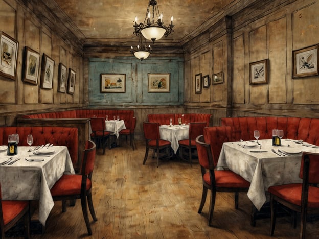 Auf dem Bild ist ein stilvolles Restaurant zu sehen, das Gemütlichkeit ausstrahlt. Die Tische sind elegant gedeckt, und die rot gepolsterten Stühle laden dazu ein, kulinarische Highlights zu genießen. Die Wände sind mit Bildern geschmückt, und die gedämpfte Beleuchtung schafft eine angenehme Atmosphäre für ein entspannendes Essen.