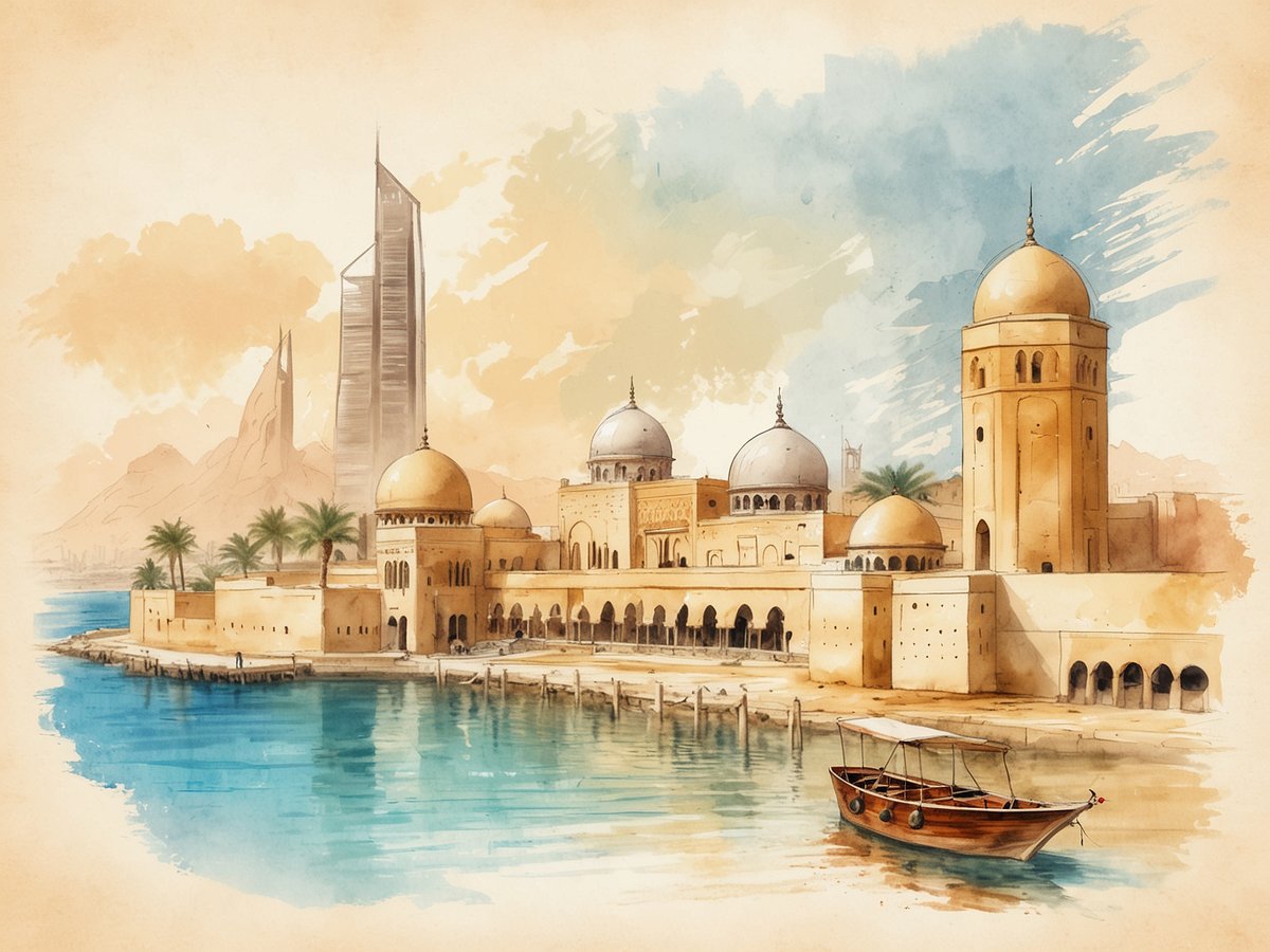 Eine malerische Küstenansicht von Bahrain zeigt elegante Gebäude mit charakteristischen Kuppeln und Minaretten, die an das kulturelle Erbe des Inselstaates erinnern. Im Vordergrund liegt ein traditionelles Boot im ruhigen Wasser, während im Hintergrund moderne Wolkenkratzer die Skyline prägen. Die sanften Farben und der malerische Stil vermitteln eine friedliche Atmosphäre und reflektieren die reiche Geschichte und Vielfalt Bahrains.