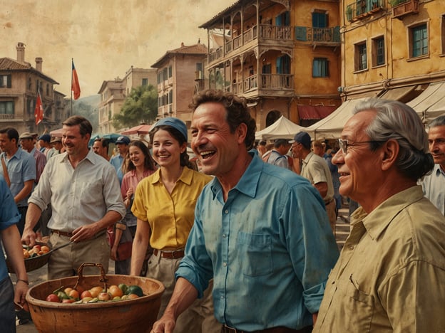 Auf dem Bild sind Menschen auf einem Markt zu sehen, die fröhlich miteinander interagieren. Die Szenerie strahlt eine lebendige Atmosphäre aus, wahrscheinlich während eines kulturellen Festes oder Markttages. Die Farben der Kleidung und die tatkräftige Beteiligung der Personen vermitteln ein Gefühl von Gemeinschaft und Freude. Diese Szene könnte Menschen anregen, kulturelle Erlebnisse zu erleben, indem sie regionale Märkte besuchen, lokale Traditionen erleben und die Gemeinschaft feiern.