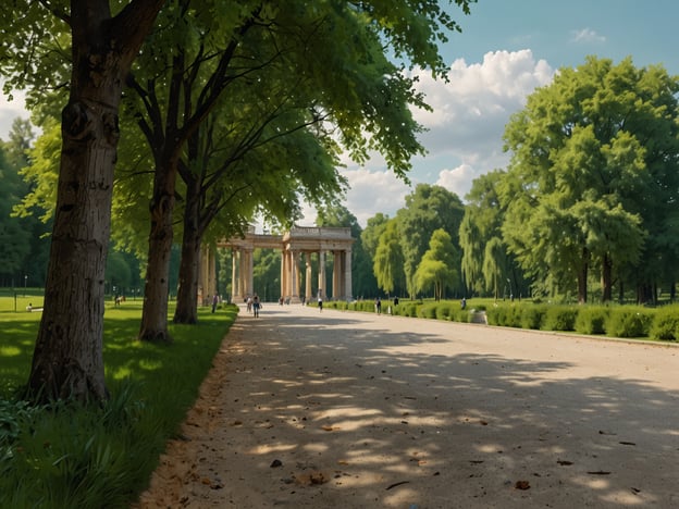 Auf dem Bild ist eine malerische Parklandschaft zu sehen, die von hohen, grünen Bäumen gesäumt wird. Der Weg scheint aus frisch geschobenem Sand zu bestehen, und im Hintergrund sind einige Säulen sichtbar, die wahrscheinlich zu einem historischen Bauwerk gehören. Es gibt einige Menschen, die den Weg entlang spazieren, und die Gesamtatmosphäre vermittelt eine entspannte und friedliche Stimmung, die man oft in den grünen Seiten einer Stadt findet, wo Natur und Erholung im Vordergrund stehen.