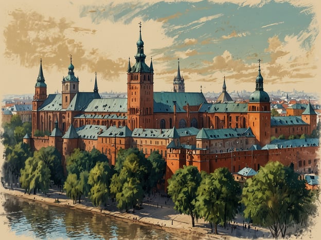 Das Bild zeigt eine malerische Ansicht von Wawel, einer bedeutenden historischen Stätte in Krakau, Polen. Wawel ist bekannt für sein prächtiges Schloss und die beeindruckende Kathedrale, die oft als Symbol der polnischen Nationalidentität angesehen werden. Die roten Ziegelbauten und die grünen Dächer unterstreichen die historische Architektur des Areals. Zudem ist Wawel am Ufer der Weichsel gelegen, was der Umgebung eine zusätzliche Schönheit verleiht. Diese Stätte zieht zahlreiche Touristen an und spiegelt die reiche Geschichte und Kultur Krakau wider.