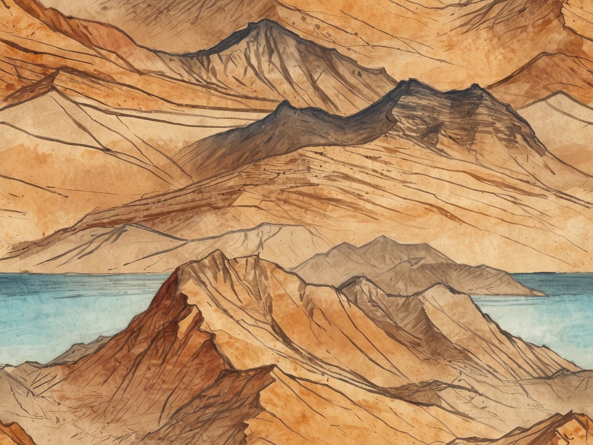 Das Bild zeigt eine malerische Landschaft mit sanften Hügeln und hohen Bergen in warmen Erdtönen. Im Vordergrund sind steile Felsformationen sichtbar, während die Berge im Hintergrund eine abwechslungsreiche Struktur aufweisen. An der unteren Bildkante ist ein ruhiges, blaues Wasser sichtbar, das den Übergang zur Küste darstellt. Die Szenerie vermittelt eine Kombination aus Wüstenlandschaften, dem Gewicht der Berge und der Anziehungskraft des Meeres, die zusammen eine eindrucksvolle natürliche Kulisse schaffen.