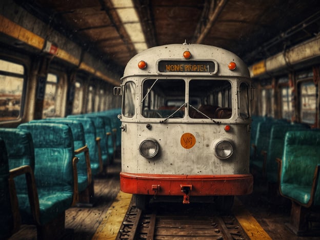 Auf dem Bild ist ein älterer Straßenbahnwagen zu sehen. Er steht auf den Schienen und innerhalb des Wagens sind grüne Sitze sichtbar. Die Innenansicht wirkt vernachlässigt und hat einen nostalgischen Charakter. Ein weiteres Merkmal ist die frontale Ansicht der Straßenbahn, die ein einzigartiges Design aufweist.