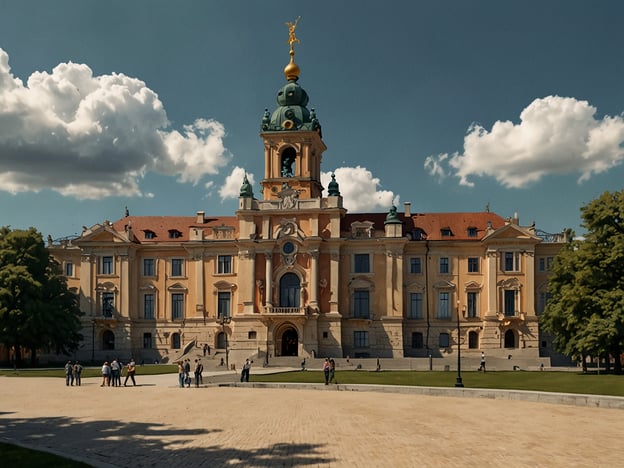 Auf dem Bild ist ein beeindruckendes Schloss zu sehen, das architektonisch sehr ansprechend gestaltet ist. Es gehört zu den bedeutenden Sehenswürdigkeiten in der Umgebung und könnte für Besucher interessant sein, die sich für Geschichte und Architektur interessieren. 

In der Umgebung sieht man Menschen, die gemütlich spazieren gehen und die Aussicht genießen. Die gepflegte Grünanlage lädt zu Aktivitäten wie Picknicken oder Entspannen im Freien ein. Eventuell gibt es auch Führungen durch das Schloss, bei denen man mehr über die Geschichte des Gebäudes und seine Bedeutung erfahren kann.