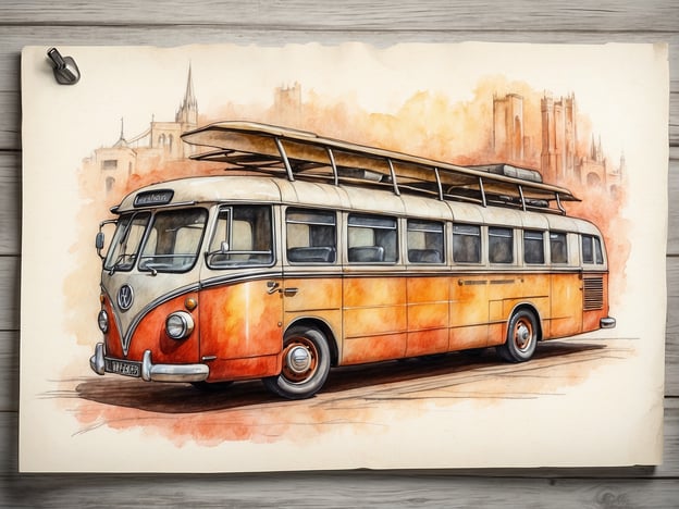 Auf dem Bild ist ein nostalgischer orangefarbener VW-Bus zu sehen. Dieser Bus hat ein charakteristisches Design mit großen Fenstern und einem Dachträger, der oft für Surfbretter oder Gepäck genutzt wird. Im Hintergrund sind skizzenhafte Darstellungen von Gebäuden, die möglicherweise eine städtische Umgebung suggerieren.

Für Besucher wäre es wichtig, die Lage von Attraktionen oder Sehenswürdigkeiten in der Nähe zu erkunden, die diesen klassischen VW-Bus repräsentieren könnten. Die Anfahrt könnte mit öffentlichen Verkehrsmitteln oder dem Auto erfolgen, wobei Parkmöglichkeiten und Haltestellen in der Umgebung zu beachten sind. Ideale Orte für Fotos oder Besichtigungen wären Strände oder Vintage-Märkte, die die Vergangenheit beleben.