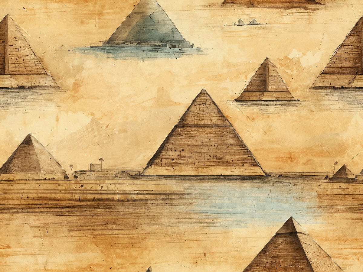 Eine künstlerische Darstellung altägyptischer Pyramiden vor einem leichten, sandfarbenen Hintergrund. Mehrere Pyramiden sind zu sehen, einige mit unterschiedlichen Schattierungen und Details. Im Hintergrund sind Körper von Wasser und einige kleine Boote angedeutet. Die Landschaft vermittelt eine historische Atmosphäre, die an das alte Ägypten erinnert.