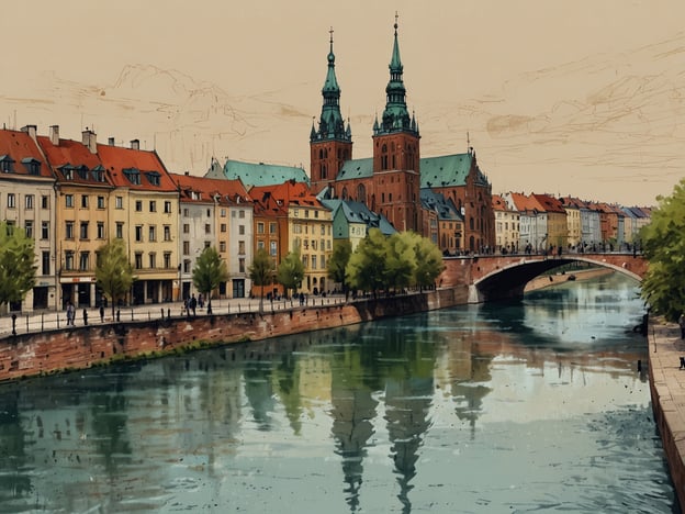 Auf dem Bild sieht man eine malerische Flusslandschaft mit historischen Gebäuden und einer Brücke. Die charakteristische Architektur deutet auf eine Stadt in Polen hin, wahrscheinlich Breslau (Wrocław). 

Breslau liegt am Oderfluss und ist bekannt für seine reichhaltige Geschichte und beeindruckende Bauwerke, darunter viele Kirchen und Marktplätze. Die Stadt hat eine vielfältige kulturelle und ethische Geschichte, die auf verschiedene Epochen zurückgeht. Besonders bemerkenswert sind die gotische und barocke Architektur, die in der Altstadt zu finden sind. Zudem sind die sanften Ufer des Oders ein beliebter Ort für Spaziergänge und Freizeitaktivitäten.