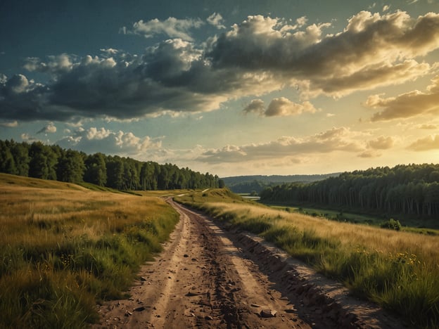 Auf dem Bild ist eine malerische Landschaft zu sehen, die von einem gewundenen Weg durch eine weite, grüne Wiese geprägt ist. Im Hintergrund erstrecken sich dichte Wälder, und der Himmel ist mit schönen Wolken und einem warmen Lichtcharakter geschmückt. Diese Szenerie lädt dazu ein, die Naturwunder Litauens zu entdecken, wo ähnliche idyllische Landschaften und eine reiche Flora und Fauna zu finden sind. Naturfreunde und Wanderer können hier die Ruhe und Schönheit der litauischen Natur genießen.