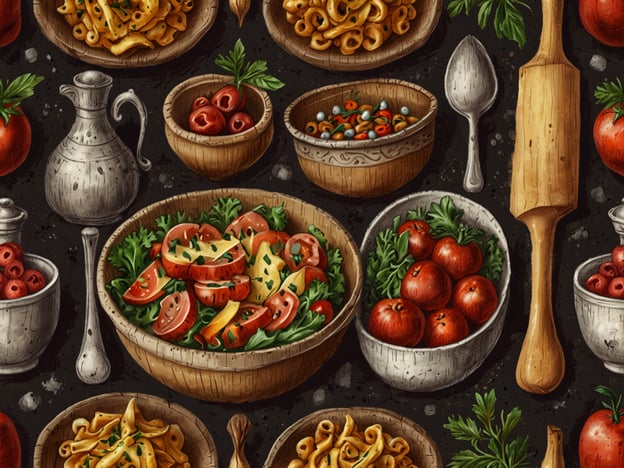 Auf dem Bild sind verschiedene kulinarische Köstlichkeiten zu sehen, die an die litauische Küche erinnern. Es gibt eine Vielzahl von Schalen mit frischem Gemüse, darunter Tomaten und Salat, sowie Pasta in unterschiedlichen Formen. Eine Kanne und ein Löffel deuten auf ein schmackhaftes Gericht hin, das vielleicht gemeinsam genossen wird. Die frischen Zutaten und die liebevolle Anordnung vermitteln ein Gefühl von Tradition und Geselligkeit – ideal, um die Geschmäcker Litauens zu erleben.