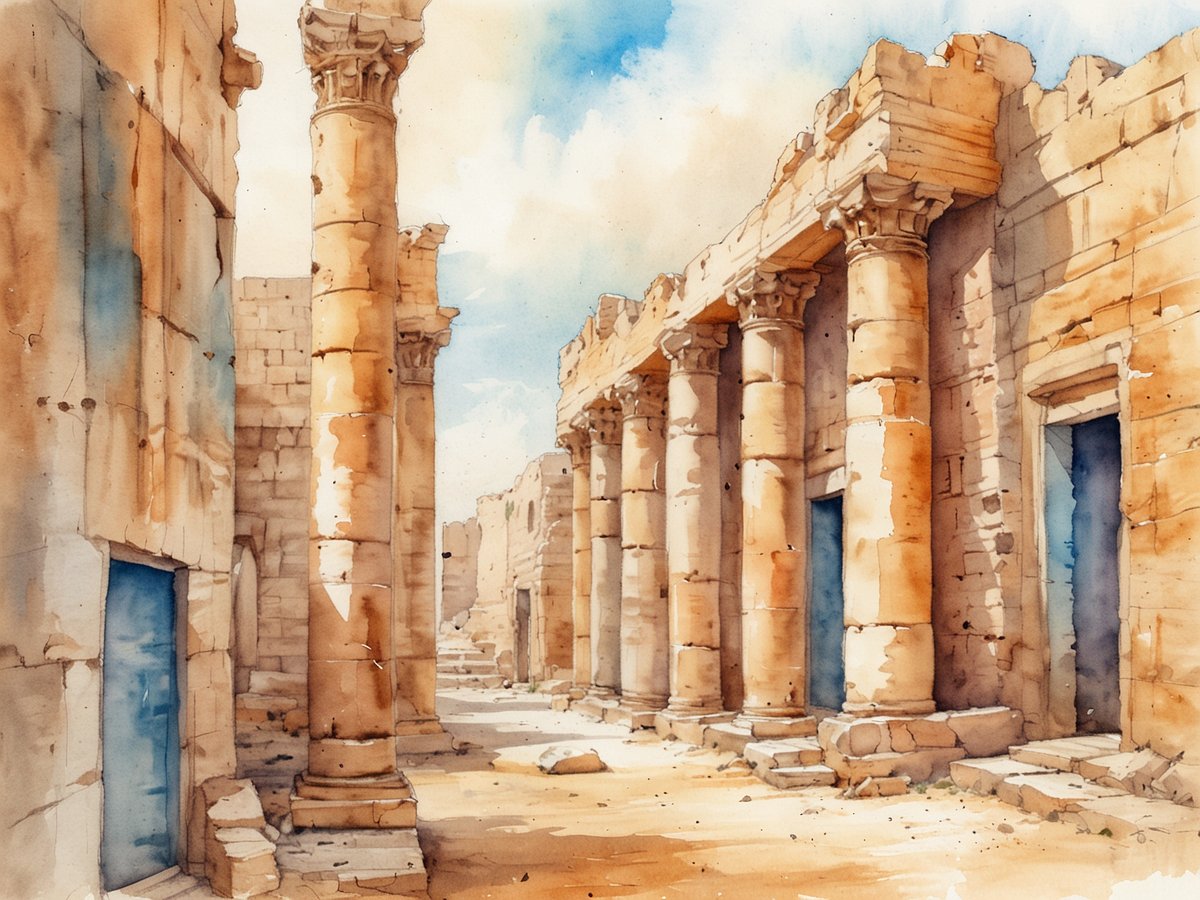 Antike Ruinen in Libyen mit majestätischen Säulen und Überresten von Mauern, die den ehemaligen Glanz der Architektur widerspiegeln. Im Vordergrund sind mehrere Säulen zu sehen, umgeben von den Überbleibseln von Gebäuden und Bodensteinen. Der Himmel ist lichtdurchflutet und sorgt für eine helle, einladende Atmosphäre, während die sanften Farben die historische Bedeutung und die Schönheit der Stätte betonen.