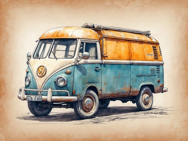 Auf dem Bild ist ein klassischer Volkswagen-Bus zu sehen, der in einer leuchtenden Farbgestaltung aus Orange und Blau gehalten ist. Der Bus hat ein nostalgisches Design, das an frühere Jahrzehnte erinnert. Das Angebot für Besucher könnte unter anderem eine Besichtigung solcher ikonischen Fahrzeuge oder eine Ausstellung über die Geschichte des Volkswagen-Busses umfassen.