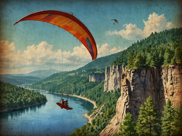 Auf dem Bild sind zwei Personen zu sehen, die beim Gleitschirmfliegen über eine malerische Landschaft mit Bergen und einem Fluss fliegen. Diese Aktivität ist ideal für Abenteuerlustige, die das Gefühl von Freiheit und Adrenalinkick suchen. Gleitschirmfliegen ermöglicht es, die atemberaubende Aussicht aus der Luft zu genießen und die Schönheit der Natur aus einer einzigartigen Perspektive zu erleben. Es ist eine großartige Möglichkeit, Nervenkitzel und Naturerlebnis zu kombinieren!