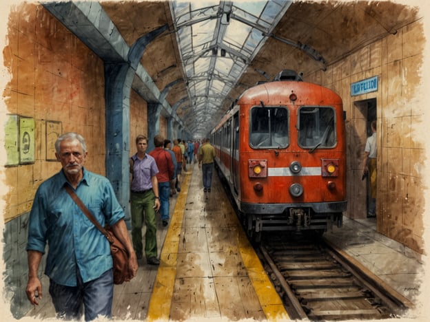 Auf dem Bild ist eine Szene in einer U-Bahn-Station zu sehen. Menschen bewegen sich entlang des Bahnsteigs, während ein roter Zug ankommt. Die Anreise erfolgt hier durch die Nutzung der U-Bahn, die eine schnelle Fortbewegung in der Stadt ermöglicht. Die Passagiere scheinen entweder ein- oder auszusteigen, was auf ein geschäftiges Leben im Nahverkehr hinweist.