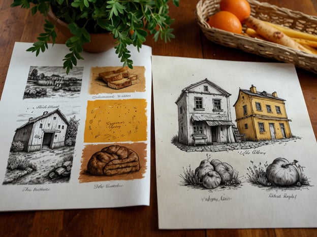 Auf dem Bild sind Illustrationen von kulinarischen Erlebnissen und ländlichen Elementen zu sehen. Es gibt verschiedene Darstellungen, darunter ein einfaches Landhaus, Brot, Kürbisse sowie Käse. Diese Bilder vermitteln ein Gefühl für traditionelle, handgemachte Lebensmittel und ländliche Küche. Die frisch geernteten Kürbisse und das rustic Brot wecken Appetit auf herzhafte, natürliche Speisen. Daneben sieht man einen Korb mit Orangen, der das Bild mit einer fruchtigen Komponente ergänzt und die Vielfalt der Aromen und Texturen aus der Natur hervorhebt.