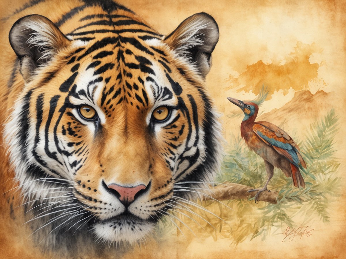 Auf dem Bild ist der majestätische Kopf eines Tigers zu sehen, dessen auffälliges orangefarbenes Fell und schwarze Streifen ins Auge fallen. Seine intensiven, bernsteinfarbenen Augen blicken direkt in die Kamera und verleihen ihm einen geheimnisvollen Ausdruck. Neben dem Tiger sitzt ein farbenfroher Vogel auf einem Ast, dessen leuchtende Farben und Details den Kontrast zwischen der Wildheit des Tigers und der Lebendigkeit der Vogelwelt unterstreichen. Im Hintergrund ist eine sanfte, verschwommene Landschaft angedeutet, die die exotische Natur von Madagaskar reflektiert.