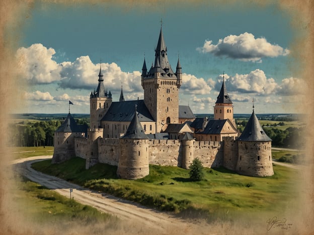 Auf dem Bild ist eine beeindruckende Burg zu sehen, umgeben von einer malerischen Landschaft mit sanften Hügeln und einem weiten Himmel voller Wolken. Die Architektur der Burg zeigt turmartige Strukturen und mauerartige Elemente, die an historische Verteidigungsanlagen erinnern. Dieses Bild verkörpert das faszinierende Erbe und die Schönheit Estlands, wo solche historischen Bauwerke oft in idyllischer Natur zu finden sind. Entdecke das bezaubernde Estland und seine atemberaubenden Sehenswürdigkeiten!