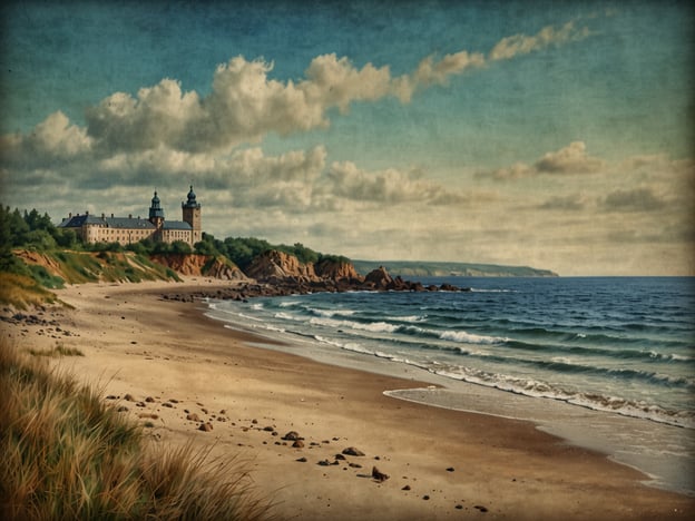 Auf dem Bild ist eine schöne Küstenlandschaft zu sehen. Der Strand ist mit feinem Sand und einigen Steinen gesäumt, während die Wellen sanft ans Ufer rollen. Im Hintergrund erhebt sich ein großes Gebäude, das wahrscheinlich ein historisches Schloss oder ein Herrenhaus ist, mit zwei markanten Türmen. Die grüne Landschaft im Hintergrund und der blaue Himmel mit vereinzelt weißen Wolken verleihen der Szene eine malerische Atmosphäre. 

Diese Art von Natur- und Kulturattraktionen ist in Lettland, abgesehen von der Hauptstadt Riga, weit verbreitet, wo Besucher die ruhige Küste und die beeindruckende Architektur entdecken können. Lettland bietet somit eine Vielzahl von Erlebnissen, die weit über die städtischen Sehenswürdigkeiten hinausgehen.