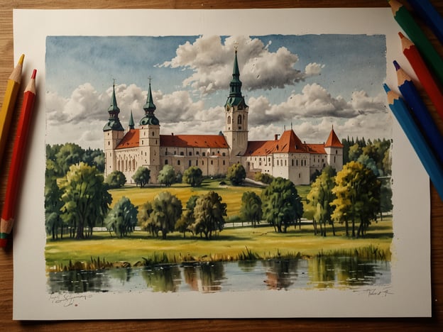 Auf dem Bild ist eine malerische Landschaft mit einem beeindruckenden Bauwerk zu sehen, das einer Burg oder einem Schloss ähnelt. Die Architektur kombiniert traditionelle Elemente, wie die markanten Türme mit Zinnen und das rote Dach, mit einem schönen Naturhintergrund aus Bäumen und einem ruhigen Gewässer im Vordergrund. Der Himmel ist lebhaft mit Wolken, was dem Gesamtbild eine harmonische Atmosphäre verleiht. Diese Darstellung könnte die traditionelle Seite Litauens widerspiegeln, während die Schönheit der Natur und die kreative Ausführung die moderne Kunst verkörpern. So vereinen sich Tradition und Moderne in diesem Kunstwerk.