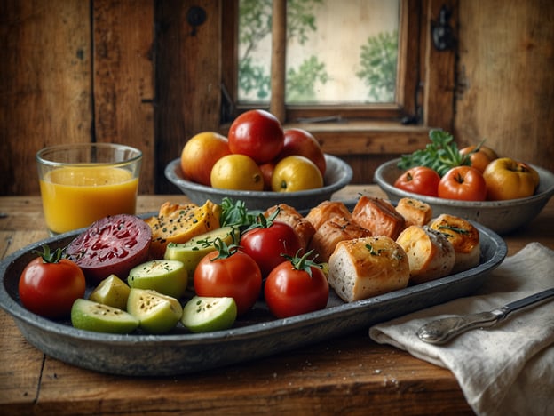 Auf dem Bild sind kulinarische Köstlichkeiten zu sehen, die an die frischen, saisonalen Produkte im Baltikum erinnern. Es gibt eine Auswahl an verschiedenen frischen Tomaten und Äpfeln, die für ihre geschmackliche Vielfalt bekannt sind. Auch die Äpfel des Baltikums sind sehr beliebt und werden oft in regionalen Gerichten verwendet.

Die Präsentation auf dem Tablett mit frischen Zutaten und einem Glas Orangensaft vermittelt ein einladendes und rustikales Ambiente, das für die traditionelle baltische Küche typisch ist. Eine solche Zusammenstellung könnte Teil eines Frühstücks oder einer leichten Mahlzeit sein, die die Aromen und die Frische der Region zelebriert.