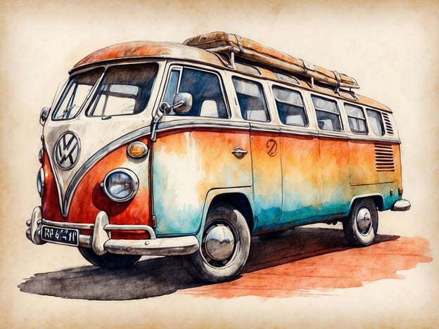 Auf dem Bild ist ein VW Bulli, ein klassischer Volkswagen-Transporter, zu sehen. Er hat eine markante Farbgebung in Orange und Blau mit einem nostalgischen Flair, das an die 1960er Jahre erinnert. Solche Fahrzeuge sind besonders bei Camping- und Reisefans beliebt.

**Tipps für den Besuch:**

1. **Prüfen Sie lokale Veranstaltungen:** Oft gibt es VW Bulli-Treffen oder Oldtimer-Events, auf denen Sie ähnliche Fahrzeuge sehen können.
   
2. **Camping-Optionen:** Wenn Sie einen VW Bulli mieten möchten, beachten Sie, dass viele Anbieter spezielle Campingreisen mit diesen Fahrzeugen anbieten.

3. **Fotomotive:** Die auffällige Gestaltung macht den Bulli zu einem großartigen Fotomotiv. Planen Sie Stopps an malerischen Orten, um die besten Bilder zu machen.

4. **Erfrischungen:** Packen Sie Snacks und Getränke ein, um die Ausflüge damit noch angenehmer zu gestalten.

5. **Verkauf von Ersatzteilen:** Falls Sie einen eigenen Bulli besitzen, suchen Sie nach lokalen Shops oder Online-Portalen, die Teile oder Zubehör anbieten. 

Viel Spaß bei Ihrem Abenteuer!