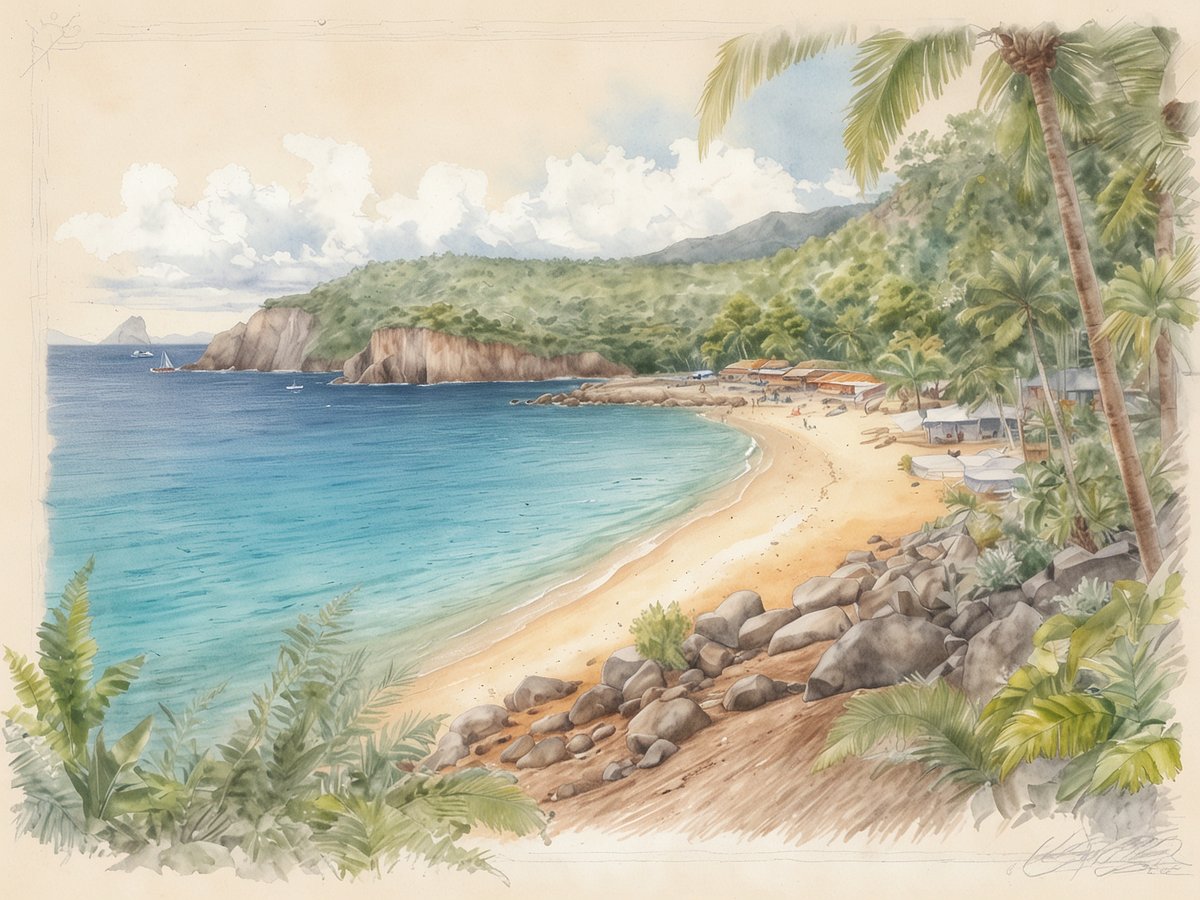 Eine idyllische Strandlandschaft auf Mayotte, wo sanfte Hügel auf das glitzernde, türkisblaue Meer treffen. Feiner, goldener Sand erstreckt sich entlang der Küste, flankiert von Palmen und üppigem, grünem Bewuchs. Im Hintergrund sind kleine Bungalows mit orangefarbenen Dächern zu sehen, und Boote sind in der ruhigen Bucht verankert. Der Himmel ist leicht bewölkt, was der Szene eine friedliche Atmosphäre verleiht. Steine liegen verstreut am Rand des Strandes und unterstreichen die natürliche Schönheit der Umgebung.