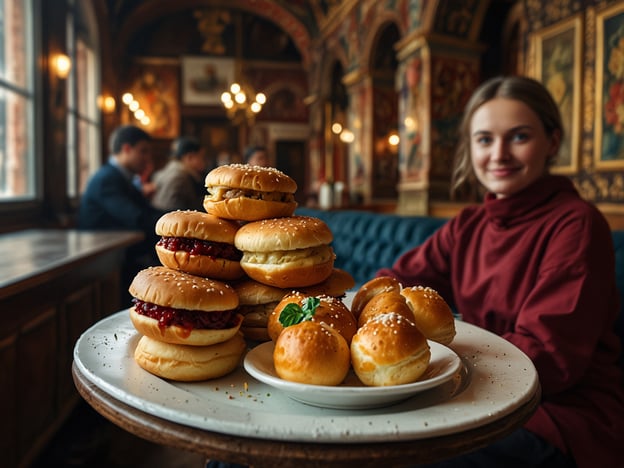 Auf dem Bild sieht man eine junge Frau, die in einem gemütlichen Café sitzt, während eine Auswahl an Brötchen auf einem Tisch präsentiert wird. Diese Brötchen könnten eine interessante kulinarische Assoziation zu St. Petersburg haben, wo man oft traditionelle russische Snacks und Spezialitäten findet.

Einige kulinarische Highlights in St. Petersburg beinhalten:

1. **Piroggen** - Diese gefüllten Teigwaren sind sehr beliebt und in vielen Varianten erhältlich, von herzhaft bis süß.
2. **Bliny** - Dünne Pfannkuchen, die mit verschiedenen Füllungen serviert werden, sind ebenfalls eine Spezialität der Stadt.
3. **Borschtsch** - Eine nahrhafte Rote-Bete-Suppe, die oft mit Sauerrahm serviert wird.
4. **Schaschlik** - Gegrilltes Fleisch, das in vielen Restaurants und beim Streetfood zu finden ist.
5. **St. Petersburger Kuchen** - Ein lokales Dessert, das man sich nicht entgehen lassen sollte.

Die Brötchen auf dem Bild könnten die vielfältigen und kreativen Möglichkeiten widerspiegeln, mit denen in St. Petersburg Speisen zubereitet werden.