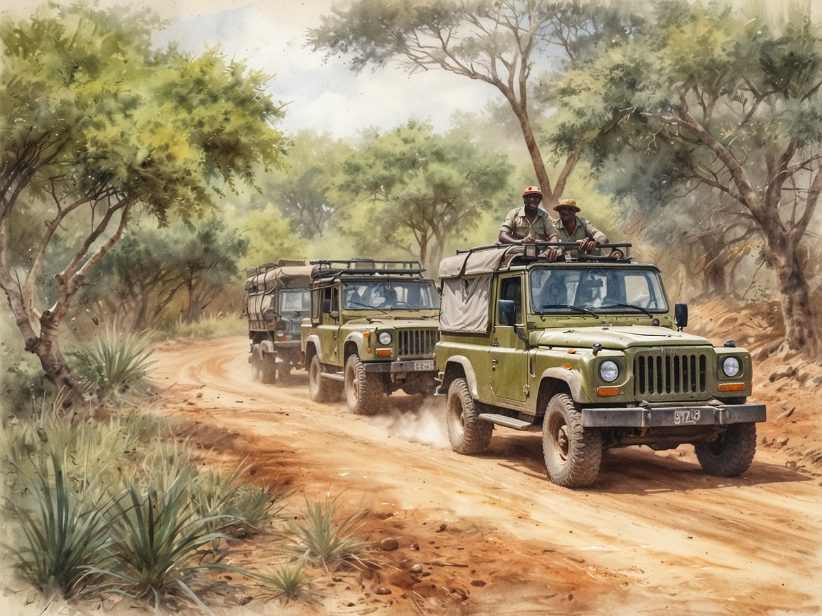 Drei grüne Safari-Jeeps fahren auf einer staubigen Piste durch die afrikanische Landschaft. Die Fahrzeuge sind mit einem Schutzdach ausgestattet und die Fahrer und Passagiere sind sichtbar. Umgeben von üppigem, grünem Baum- und Pflanzenwuchs vermittelt die Szene den Eindruck von Abenteuer und Entdeckung in der Natur Ugandas. Der Himmel ist leicht bewölkt und die gesamte Atmosphäre strahlt die Ruhe und Schönheit Afrikas aus.