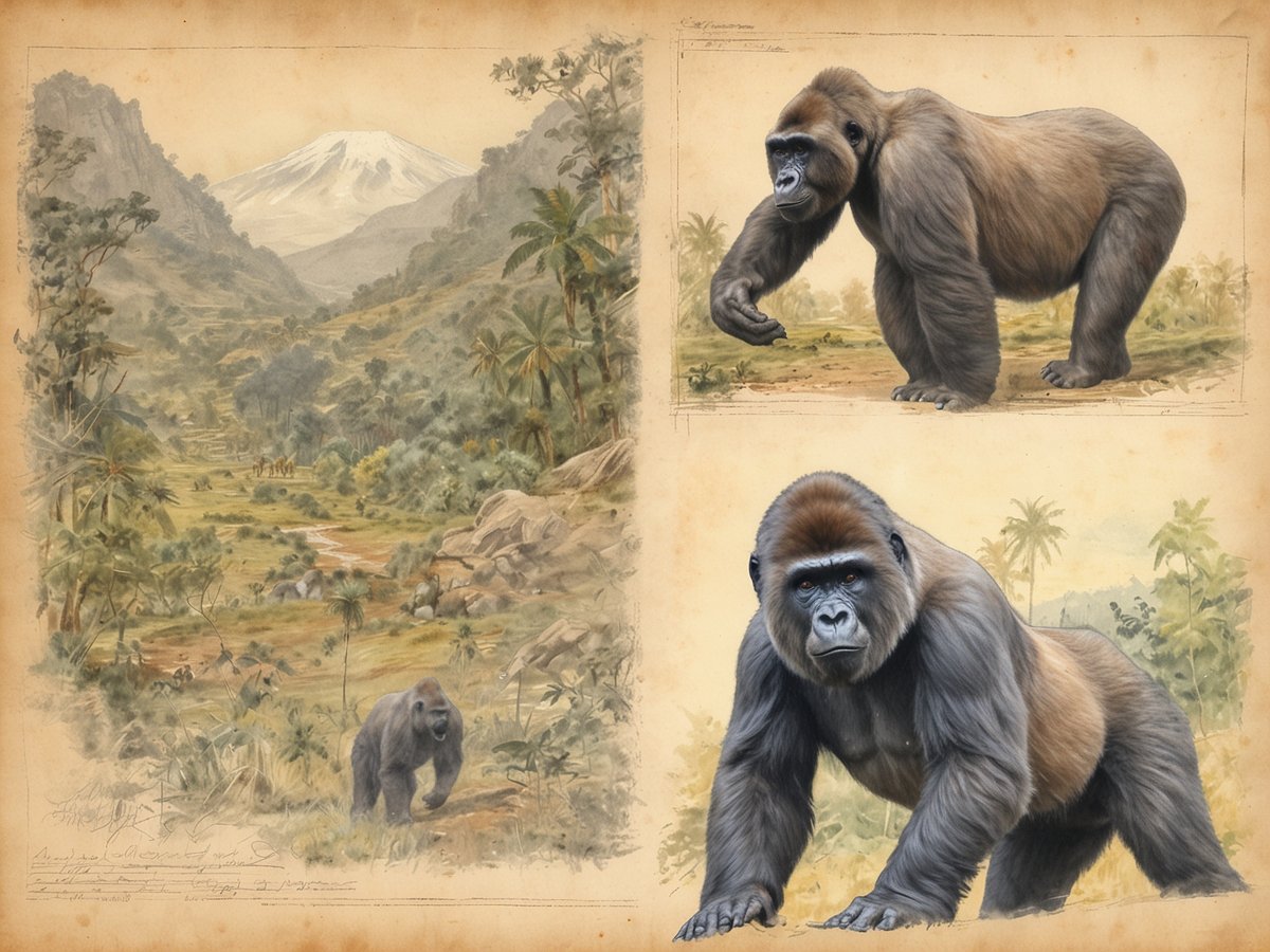 Eine Malerei zeigt eine dichte, grüne Landschaft mit einem Fluss, umgeben von hohen Bergen und Palmen. Im Hintergrund erhebt sich ein schneebedeckter Vulkan, während im Vordergrund mehrere Gorillas dargestellt sind, einer von ihnen geht im Bild und ein anderer posiert. Die Atmosphäre vermittelt ein Gefühl von natürlicher Wildnis und Abenteuer im Ruanda, wo Gorillas und Vulkane harmonisch koexistieren.