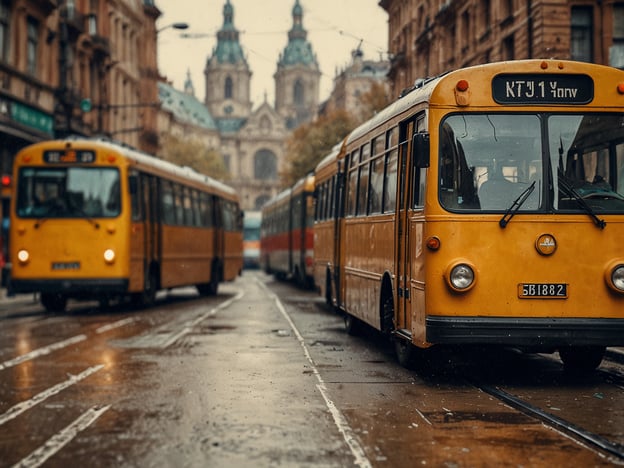 Auf dem Bild sind gelbe Trolleybusse zu sehen, die in einer Stadtstraße fahren. Diese Art von Transportmitteln ist in Kiew sehr verbreitet. Die Trolleybusse sind elektrisch betrieben und nutzen Oberleitungen, um sich fortzubewegen. Die Straße scheint nass zu sein, was auf Regen hindeutet. Im Hintergrund sind weitere Fahrzeuge und Gebäude sichtbar, die zur städtischen Atmosphäre beitragen.