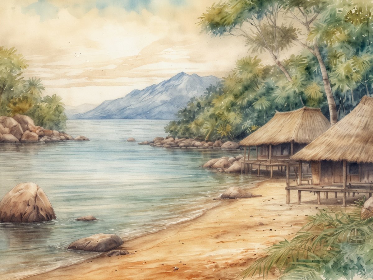 Eine malerische Küstenlandschaft am Tanganjikasee in Burundi zeigt einen ruhigen Strand mit feinem, sandigem Boden und sanften Wellen, die gegen die Steine plätschern. Im Vordergrund sind einzelne große Steine im Wasser sichtbar. Rechts stehen zwei traditionelle Hütten aus Holz mit Strohdächern auf Stelzen, umgeben von üppigem, grünem Vegetation. Im Hintergrund erheben sich sanfte Hügel und Berge, während der Himmel mit sanften Pastelltönen angedeutet wird. Die Szenerie strahlt eine friedliche und natürliche Schönheit aus.