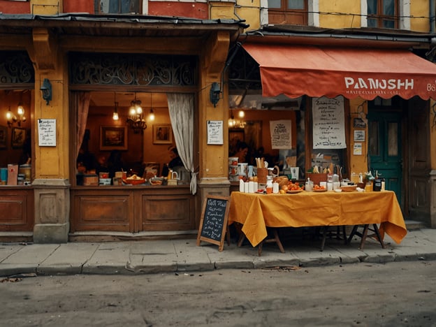 Auf dem Bild sieht man ein charmantes Restaurant in Kiew mit einem einladenden Außenbereich. Der Eingangsbereich ist farbenfroh gestaltet, mit einem warmen Licht, das durch die Fenster strahlt. Vor dem Restaurant steht ein großer, orangefarbenen Tisch, der mit verschiedenen kulinarischen Köstlichkeiten gedeckt ist – darunter frisches Obst und weiße Töpfe. 

Solche Orte sind typisch für die kulinarischen Erlebnisse in Kiew, wo die lokale Gastronomie oft eine Mischung aus traditioneller und moderner Küche bietet. Gerichte wie Borschtsch oder Wareniki könnten hier serviert werden, ergänzt durch frische, regionale Zutaten. Die Atmosphäre lädt dazu ein, die ukrainische Kultur und ihre gastronomischen Besonderheiten zu genießen.