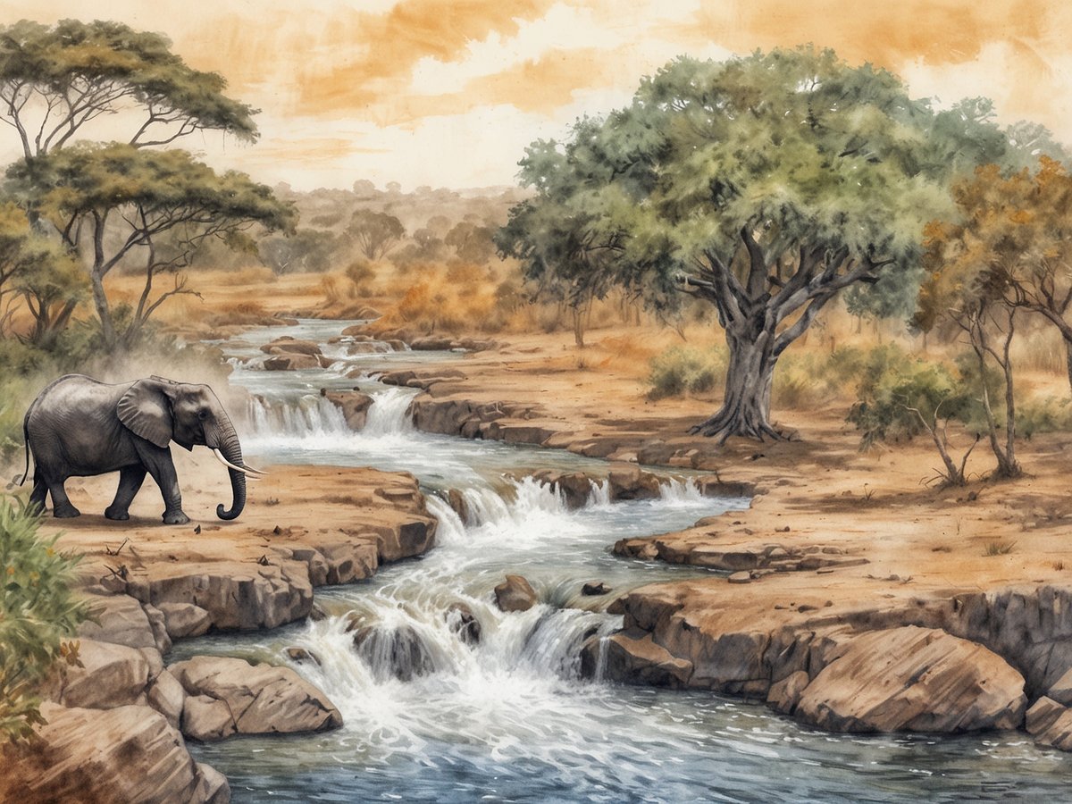 Ein Elefant steht majestätisch an einem Ufer eines langsam strömenden Gewässers, umgeben von einer savannenartigen Landschaft. Im Hintergrund sind grüne Bäume zu sehen, die in sanften Farben dargestellt sind, während das Wasser über Felsen plätschert und kleine Wasserfälle bildet. Der Himmel zeigt warme, beige Farbtöne, die den Übergang zum Sonnenuntergang andeuten, während die Tierwelt der afrikanischen Wildnis in ruhiger Harmonie dargestellt wird.