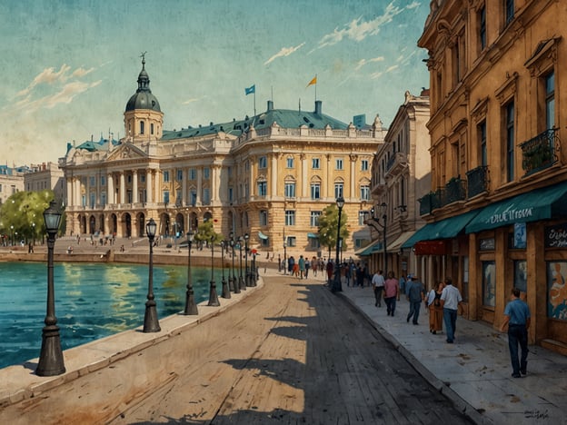 Das Bild zeigt eine malerische Ansicht einer Promenade in Odessa, der Perle am Schwarzen Meer. Im Vordergrund verläuft der Holzsteg entlang eines Wasserwegs, der von Straßenlaternen gesäumt wird. Auf der linken Seite sieht man ein beeindruckendes historisches Gebäude, wahrscheinlich ein Verwaltungs- oder Kulturhaus, mit einem markanten Turm und vielen Fenstern. Die Menschen flanieren in Gruppen entlang der Promenade, während die Sonne den Himmel erhellt und eine freundliche Atmosphäre schafft. Die harmonische Kombination aus Architektur und Natur macht diesen Ort besonders einladend.