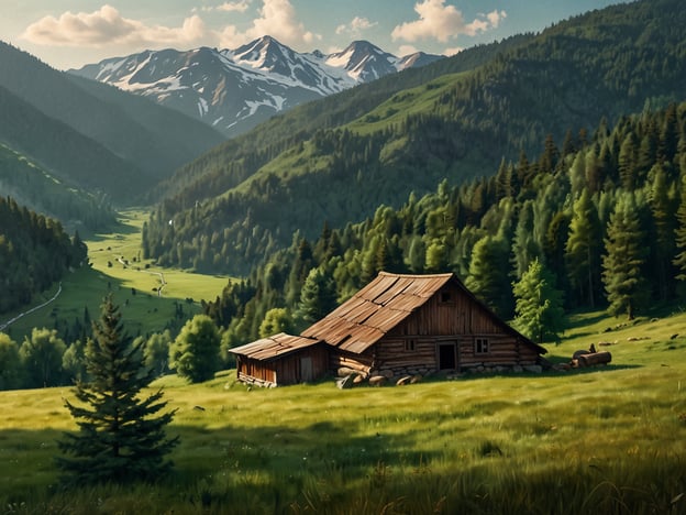 Auf dem Bild ist eine malerische Landschaft der Karpaten zu sehen, die sich durch ihre üppige Natur und beeindruckenden Berge auszeichnet. Im Vordergrund befindet sich ein traditionelles Holzhaus, umgeben von saftigem, grünem Gras und einer Vielzahl von Bäumen. Die majestätischen Berge im Hintergrund sind teilweise mit Schnee bedeckt, was einen großartigen Kontrast zur grünen Umgebung bildet. Diese Region ist ein wahres Naturparadies und bietet zahlreiche Möglichkeiten für Abenteuer in der unberührten Wildnis.