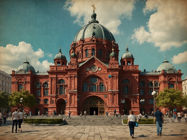 Auf dem Bild ist ein beeindruckendes Gebäude zu sehen, das in einem historischen und architektonisch ansprechenden Stil errichtet wurde. Der rote Ziegelstein verleiht dem Bauwerk ein auffälliges Aussehen, das durch die Kuppeln und dekorativen Elemente ergänzt wird. Vor dem Gebäude sind Menschen zu sehen, die sich in einer städtischen Umgebung bewegen, was die lebendige Atmosphäre einer modernen Metropole widerspiegelt. Diese Szene könnte in Charkiw, einer Stadt in der Ukraine, stattfinden, die oft als moderne Metropole mit Herz beschrieben wird.