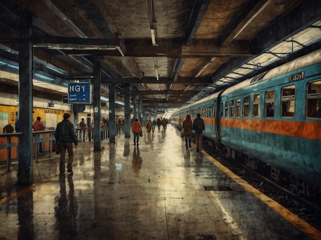 Auf dem Bild ist eine Bahnhofsszene zu sehen. Es gibt mehrere Passagiere, die sich auf dem Bahnsteig bewegen, während ein Zug mit blauen und orangen Farben am Bahnsteig steht. Die Umgebung wirkt modern und gut ausgerüstet, mit Hinweistafeln und Beleuchtung. Dies könnte ein Teil der Anreise nach Belgrad sein, wo Reisende auf ihren Zug warten oder sich in Richtung der Züge bewegen.