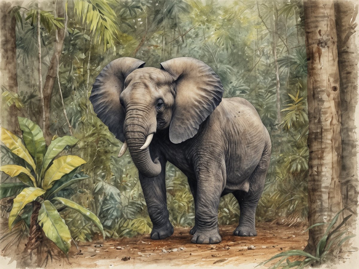 Ein afrikanischer Elefant steht majestätisch in einem dichten Wald. Umgeben von üppigem Grün, sehen wir große, lebendige Pflanzen und Bäume, die die natürliche Schönheit von Gabun widerspiegeln. Der Elefant hat markante Ohren und einen kraftvollen Körper, während sanftes Licht die Szene durchflutet und die Details seines Fells hervorhebt. Die Umgebung vermittelt das Gefühl eines unberührten, tropischen Ökosystems, reich an Leben und Abenteuer.