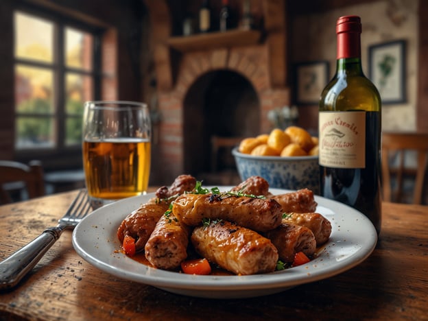 Auf dem Bild sind köstliche Würstchen zu sehen, die auf einem Teller angerichtet sind. Dazu gibt es einige Tomatenstückchen und frische Kräuter, die das Gericht garnieren. Im Hintergrund stehen ein Glas Bier und eine Flasche Wein, neben einer Schüssel mit knusprigen Kartoffelgerichten. Diese Anordnung lädt dazu ein, die lokale Küche und kulinarische Schätze zu genießen. Die Atmosphäre wirkt gemütlich und einladend.