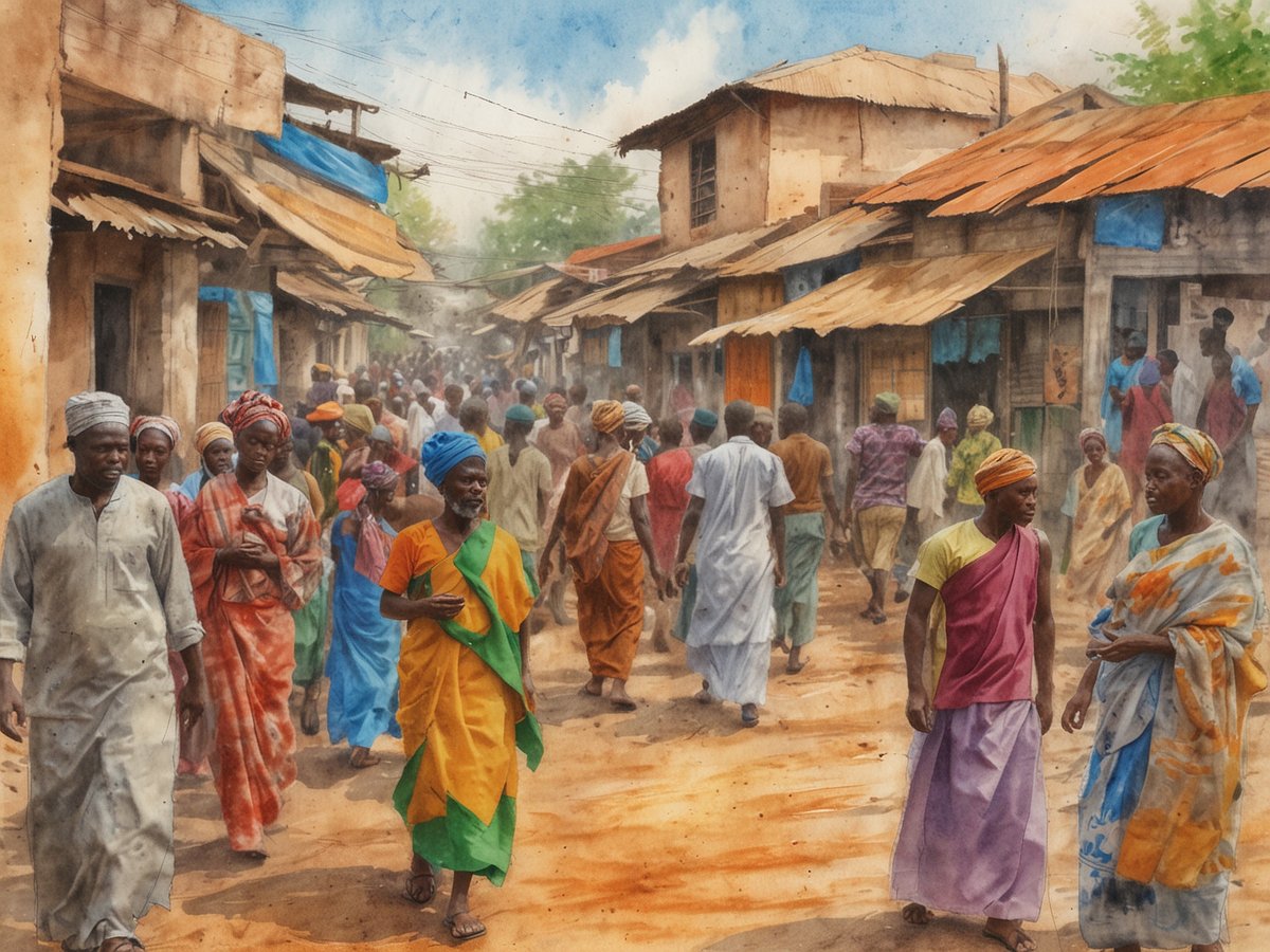 Eine belebte Straßenansicht aus Nigeria mit vielen Menschen, die in traditionellen Kleidern in verschiedenen Farben umhergehen. Die Szenerie zeigt eine geschäftige Atmosphäre, mit Gebäuden, die zum Teil aus Holz und Ziegeln bestehen. Die Straßen sind von Staub und dem täglichen Leben geprägt. Die Menschen interagieren miteinander, während sie durch die Stadt laufen, was die kulturelle Vielfalt und das lebendige Treiben in Afrikas Kultur- und Wirtschaftszentrum widerspiegelt.
