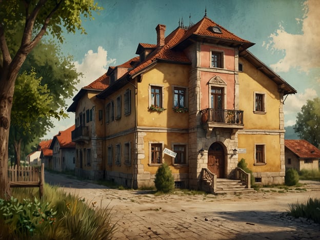 Auf dem Bild ist ein malerisches, historisches Gebäude zu sehen, das eine charmante Architektur mit einer Mischung aus Farbgebung und Steindetails aufweist. Es hat einladende Fenster mit Blumen, einen Balkon und eine große Eingangstür. Die Umgebung ist ländlich, mit einer gepflasterten Straße, Bäumen und weiteren Gebäuden im Hintergrund. Dieses Bild könnte auf die Schönheit von Slawonien hinweisen, einer Region, die für ihre ruhige und idyllische Landschaft bekannt ist. Sie gilt oft als "das unbekannte Juwel" Kroatiens, das Besucher mit seinem dörflichen Charme und seiner natürlichen Schönheit anzieht.