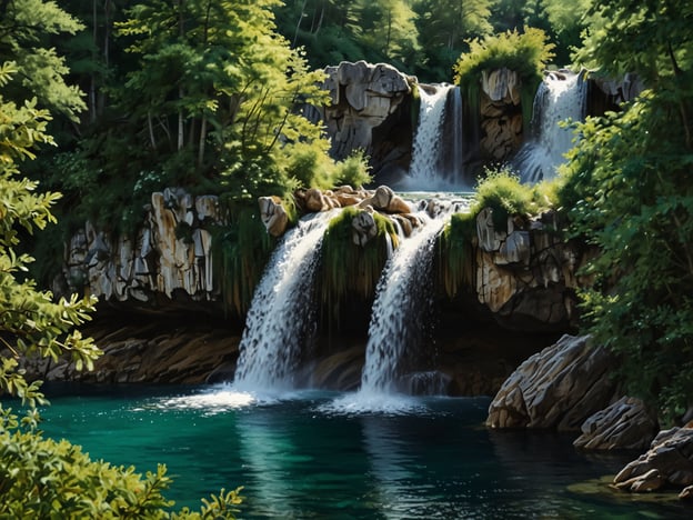 Auf dem Bild sind Wasserfälle und ein klarer, türkisfarbener See zu sehen, umgeben von üppiger Vegetation. Dies erinnert an die Nationalparks in Kroatien, insbesondere an den **Nationalpark Plitvicer Seen**, der für seine beeindruckenden Wasserfälle und die malerischen Seen bekannt ist. Der Park ist ein UNESCO-Weltkulturerbe und zieht viele Besucher an, die die unberührte Natur und die spektakulären Landschaften genießen möchten.