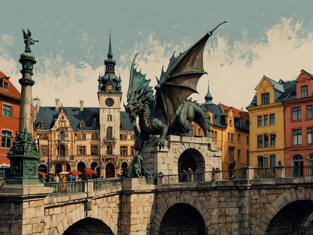 Auf dem Bild ist eine charmante Altstadt mit wundervoller Architektur zu sehen. Im Vordergrund erhebt sich eine markante Brücke, auf der ein eindrucksvolles Drachen-Statue thront. Im Hintergrund kann man die beeindruckende Architektur der umgebenden Gebäude bewundern, die in warmen Farben gestaltet sind. Besonders hervorzuheben ist das bemerkenswerte Gebäude mit dem Uhrturm, das die Szenerie wunderbar ergänzt. Diese Architekturjuwelen verleihen der Stadt einen besonderen Charakter und laden dazu ein, die historischen Geheimnisse und Geschichten zu entdecken.