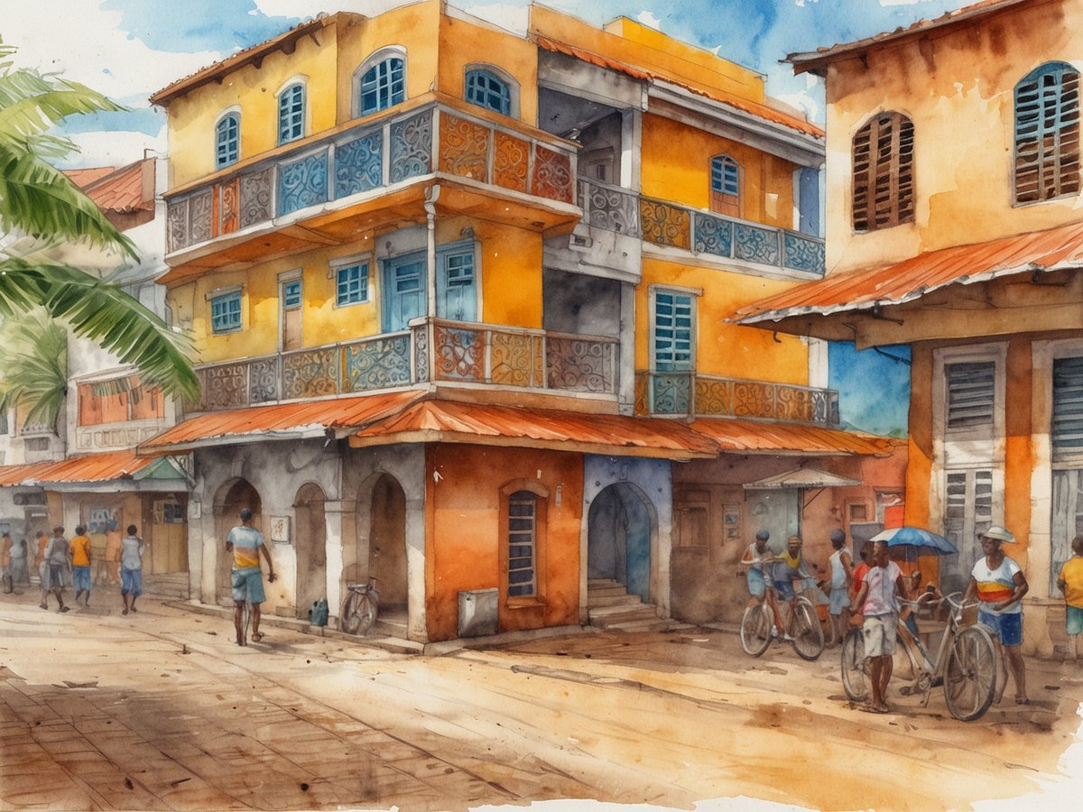 Eine belebte Straße in Ghana mit farbenfrohen Kolonialgebäuden. Die Architektur zeigt gelbe und orangefarbene Fassaden mit kunstvollen Balkonen. Menschen gehen zu Fuß und einige fahren mit Fahrrädern. Ein Mann trägt ein Hemd in bunten Farben, während andere unter einem Sonnenschirm stehen. Palmen blühen im Vordergrund und der Himmel ist blau mit einigen Wolken, was eine tropische Atmosphäre schafft.
