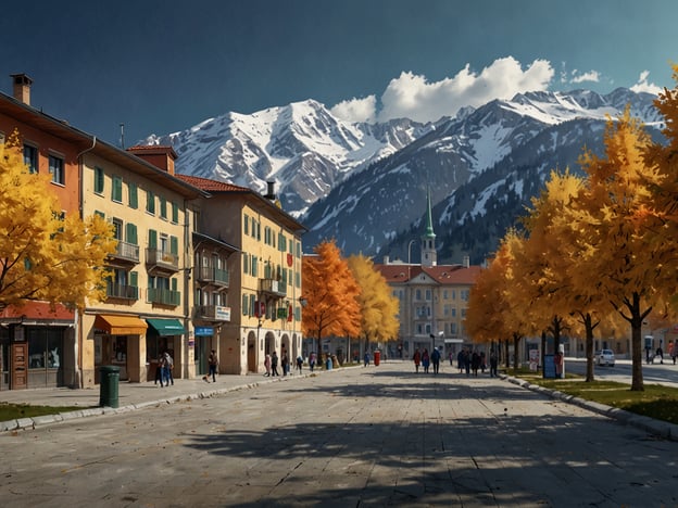 Auf dem Bild ist eine malerische Stadtstraße zu sehen, die von bunten, herbstlichen Bäumen gesäumt ist. Im Hintergrund sind beeindruckende Berge mit schneebedeckten Spitzen zu erkennen. Die hellen Gebäude an den Seiten der Straße verleihen der Szenerie einen einladenden Charakter. 

Die beste Reisezeit für einen Besuch in einer solchen Region wäre typischerweise im Herbst, wenn die Farben der Bäume besonders schön sind und das Wetter mild ist. In dieser Zeit sind angenehme Temperaturen zu erwarten, ideal für Spaziergänge und um die Landschaft zu genießen.