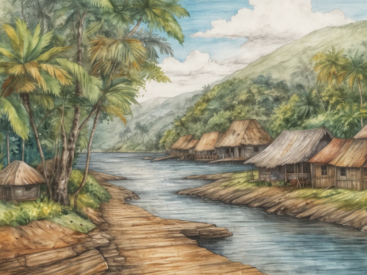 Eine malerische Landschaft in Liberia, die einen ruhigen Fluss darstellt, umgeben von üppigen Palmen und sanften Hügeln. Am Flussufer sind mehrere traditionelle Hütten mit Strohdächern zu sehen, die teilweise auf Stelzen gebaut sind. Der Wasserlauf schlängelt sich durch die Szene und erzeugt eine friedliche Atmosphäre. Im Hintergrund erheben sich die grünen Hügel, während der Himmel mit einigen Wolken durchzogen ist und Licht auf die Umgebung fällt. Die Szenerie strahlt eine harmonische Verbindung zwischen der Natur und der menschlichen Siedlung aus.