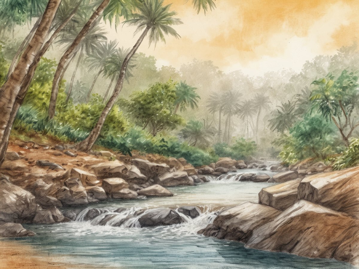 Eine idyllische Flusslandschaft in Guinea mit klaren Wasserläufen, die sanft über glatte Steine fließen. Umgeben von üppiger, grüner Vegetation und hohen Palmen erstreckt sich ein dichter Wald im Hintergrund. Die sanften, warmen Farbtöne des Himmels und die morgendliche Dämmerung verleihen der Szene eine friedliche Atmosphäre. Die unberührte Natur und die lebendige Kultur sind in dieser harmonischen Darstellung von Natur und Landschaft spürbar.